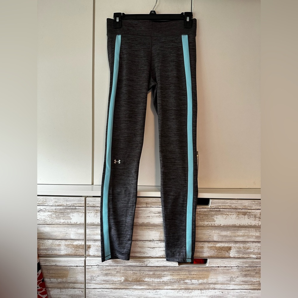 🖤 Under Armour Small Leggings Black Heather Teal Side Stripe Athletic Pants